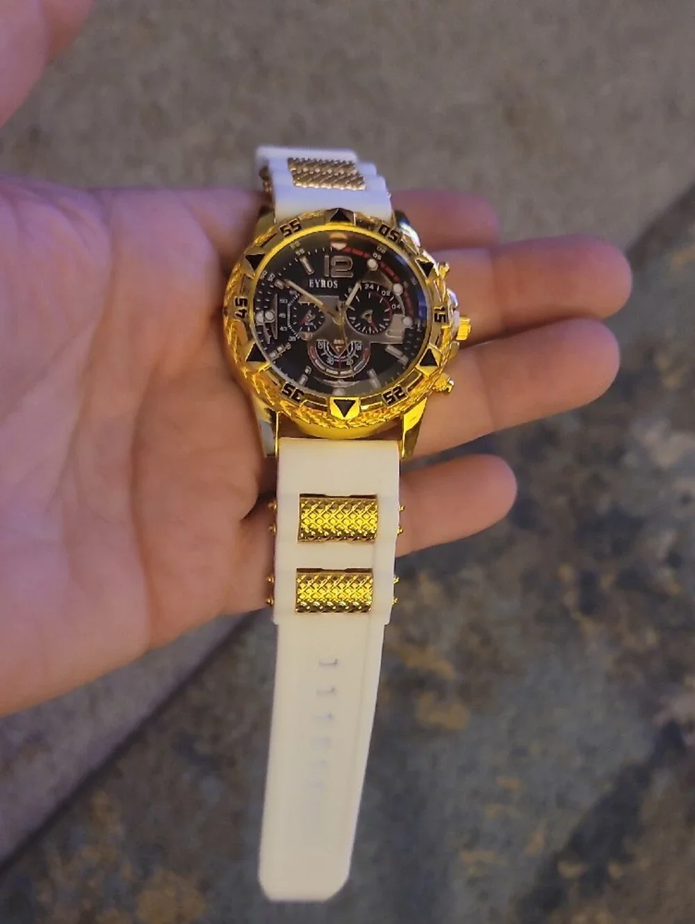 DEYROS Gold-Tone Chronograph Watch with White Strap